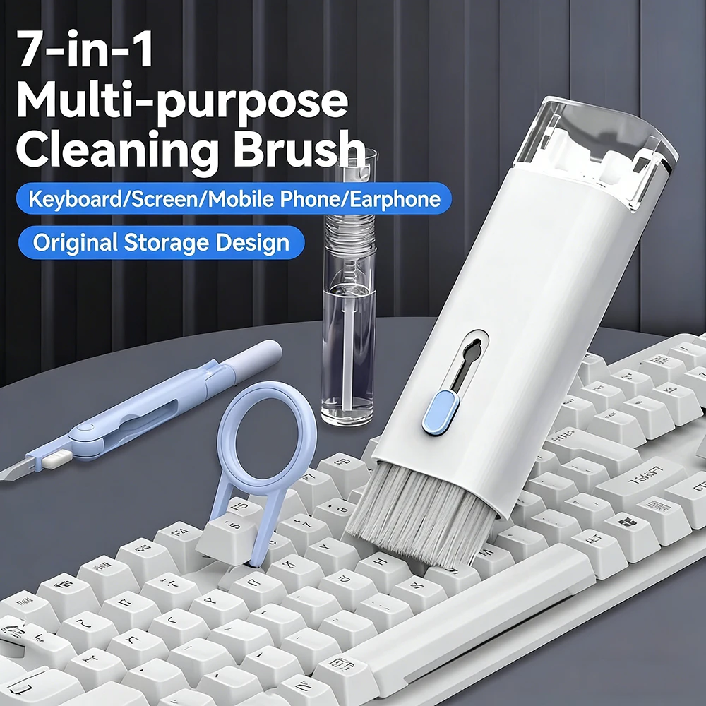 Kit de Limpeza 7 em 1 para Fones de Ouvido e Laptops com Extrator de Teclas, Escova Multifuncional para Teclado e Conjunto de Limpeza para Airpods e Celulares