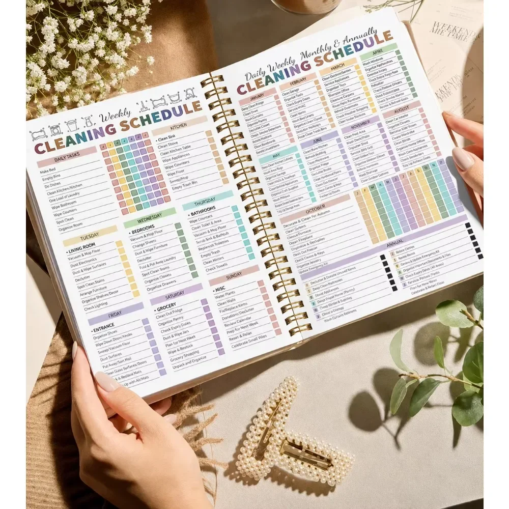 Spiral Bound ADHD Cleaning Planner, Household Chores Organizer Book, Daily Cleaning Schedule & Home Decluttering Tracker Journal for Home Management