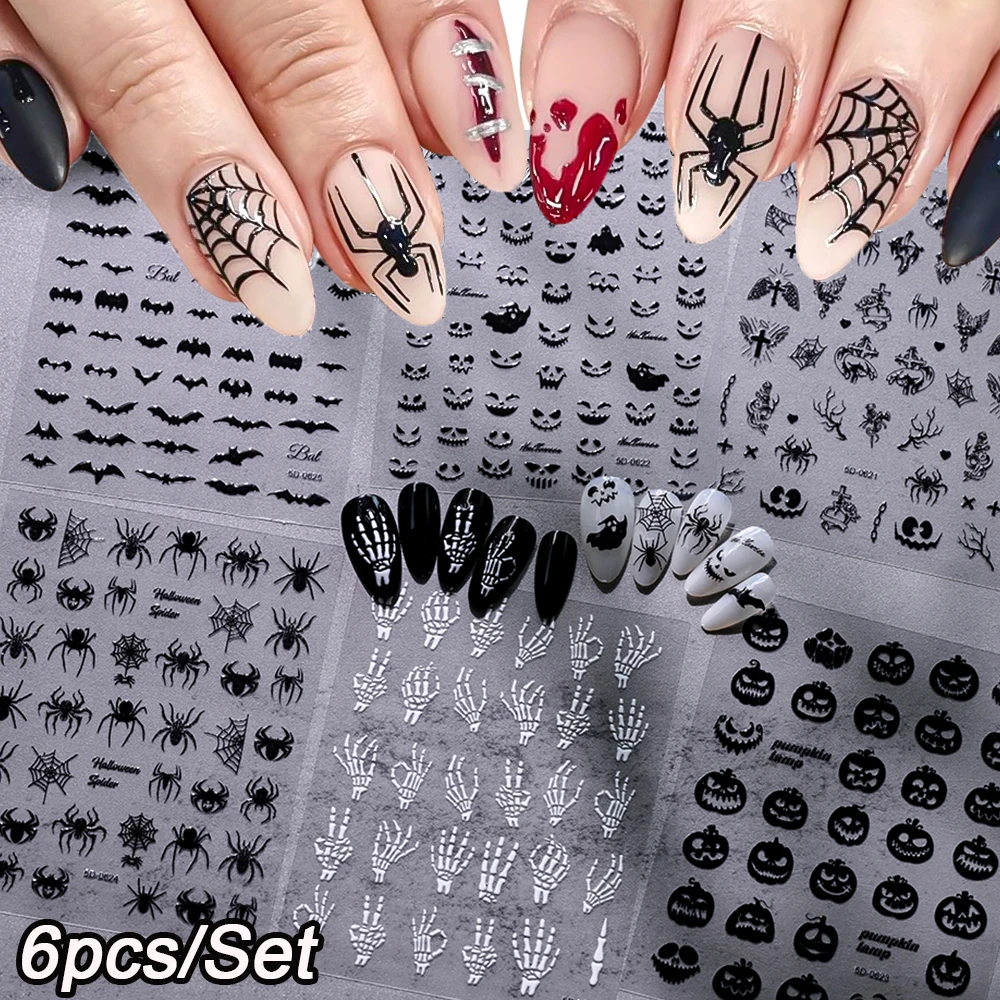 

6 шт./компл. 5D Хэллоуин призрак тыква наклейки для дизайна ногтей мультфильм паук летучая мышь скелет самоклеящийся слайдер DIY маникюрный декор наклейки