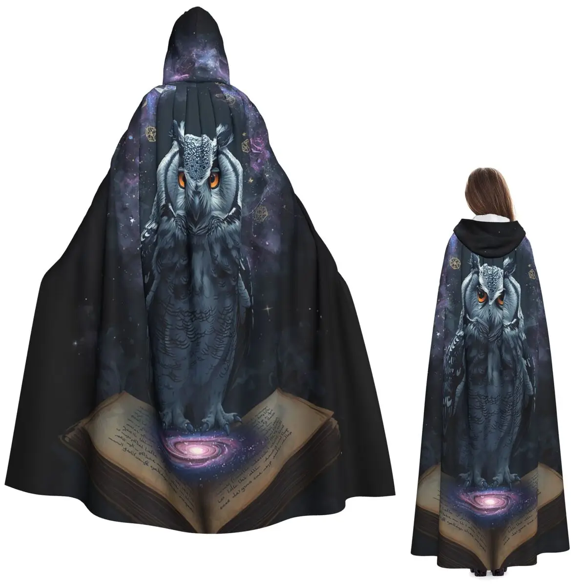 

Длинный плащ с капюшоном в стиле волшебника с дизайном совы и книги, средневековый костюм ведьмы, накидка для косплея, Хэллоуин, вампирский костюм, унисекс для взрослых