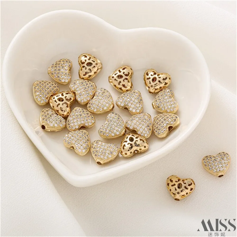 

14K Gold-wrapped Bead Color Zircon Peach Heart Love Straight Hole Beaded DIY Handmade Bracelet Necklace Jewelry Accessories