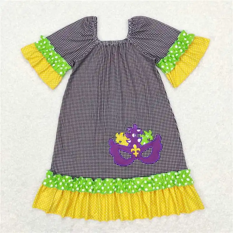 New Fashion Embroidery Carnival Purple Mask Chartreuse Lace Plaid Dress Wholesale Boutique Children Clothes RTS