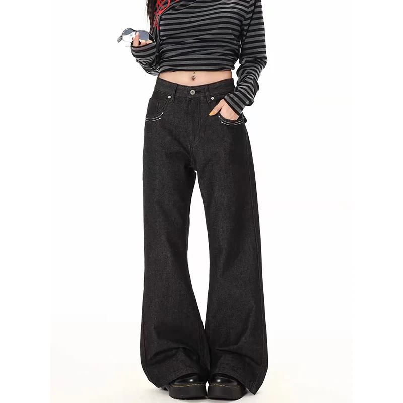 YIBASHU Women Black Gothic Y2k Gyaru Cargo Baggy Jeans Oversize Denim Trousers Vintage Harajuku American Wide Leg Jeans Pants