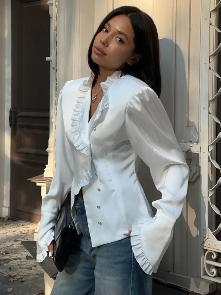 2025 Chic White Ruffled V Neck Split Women's Blouse Fashion Flare Sleeve Single Breasted Shirts Lady Spring Commute Street Top