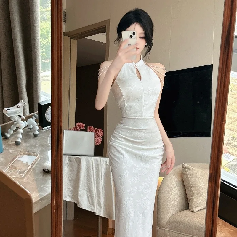

Sweet Hot Girl Chinese Style Elegant Sleeveless Dress Women's Summer Slim Fit Jacquard Wrapped Buttocks Dress Female Clothes