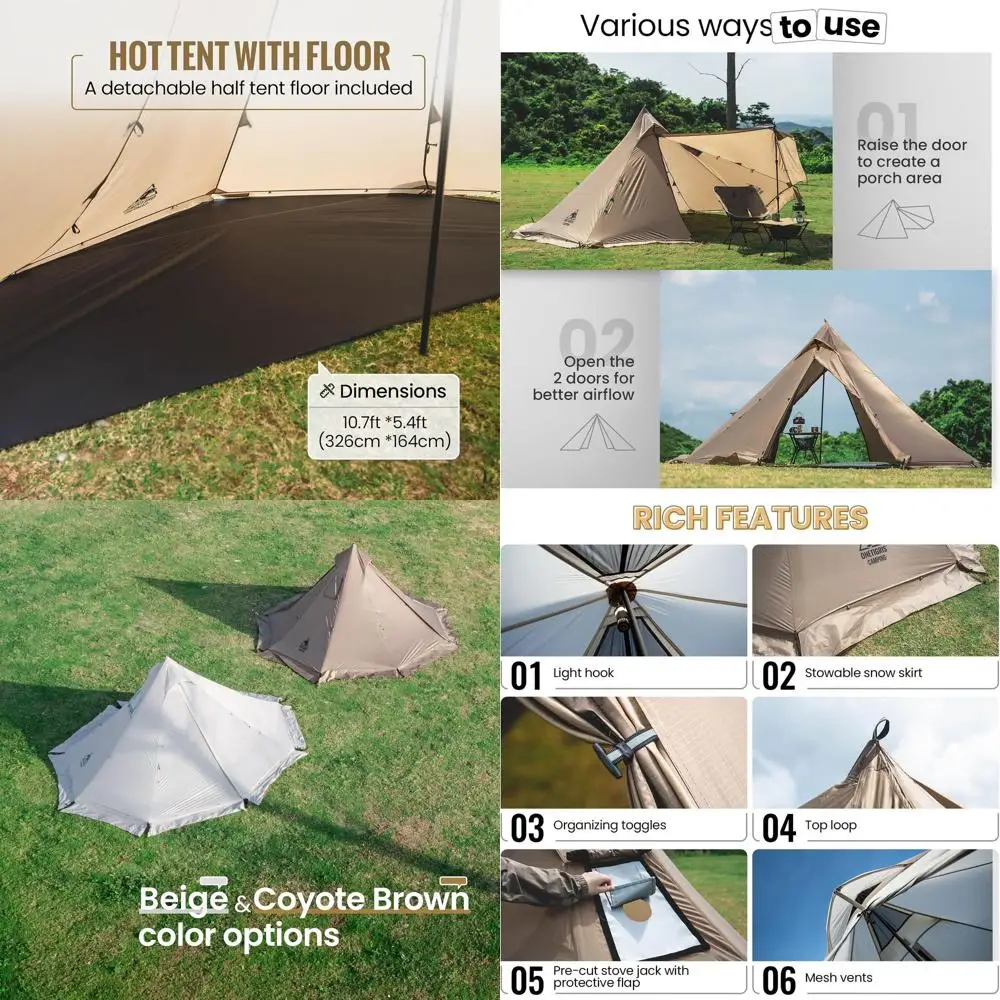 

Ultralight 4-Season Tipi Tent with Snow Skirt, Detachable Floor, and Stove Jack for Camping, Hiking, and Backpacking