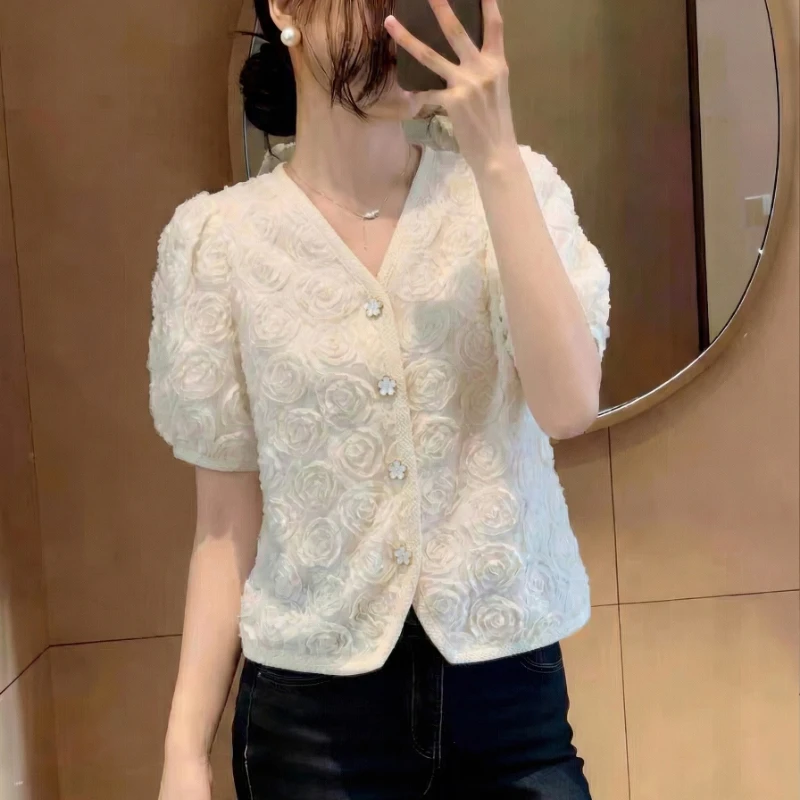 

Новые летние женские блузки 2026 с 3D-цветами, элегантные топы с V-образным вырезом и коротким рукавом, офисные блузы для женщин