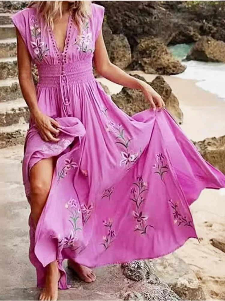 2024 estate sexy scollo a V senza maniche abito lungo abbigliamento donna vacanza spiaggia bohemien vestito estivo moda femminile gonna floreale sottile