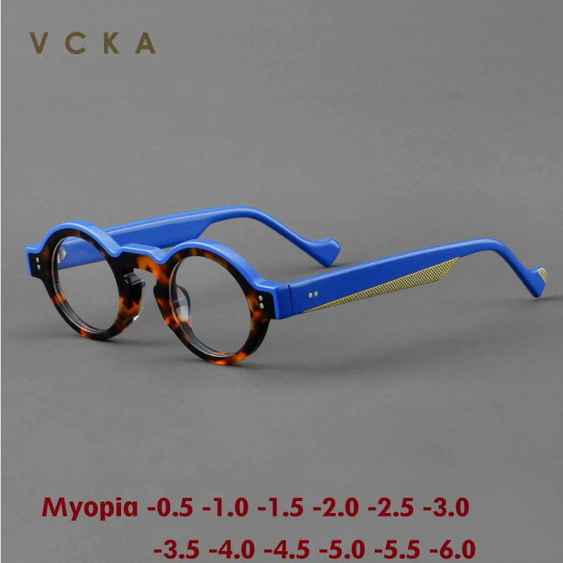 VCKA Vintage Acetate Myopia Glasses Frame Men Round Prescription Optical Retro Eyeglasses Women Luxury Eyewear -0.5 to-6.0