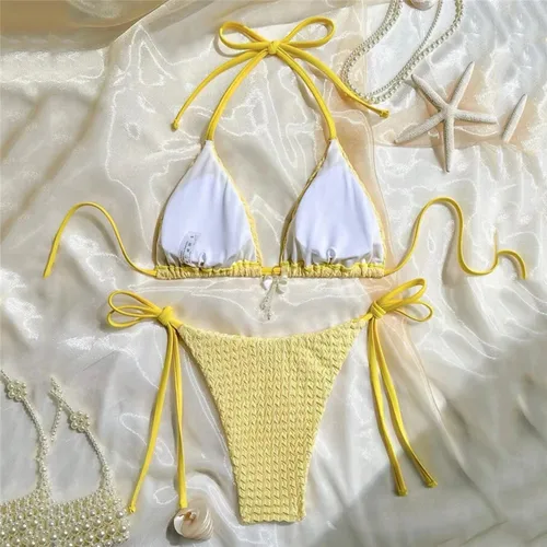 Imagen 2 del producto Microbikini triangular con cordón Halter amarillo para mujer, traje de baño unicolor con Tanga, traje de baño Sexy con lazo y perlas, conjuntos de Bikinis 2026
