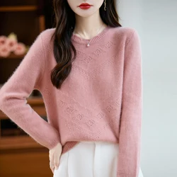 Women 100% Merino Wool Sweater O-neck Pullover Hollow Out Jacquard Autumn Winter Lace Long Sleeve Thick Knitwear Wool Warm Tops