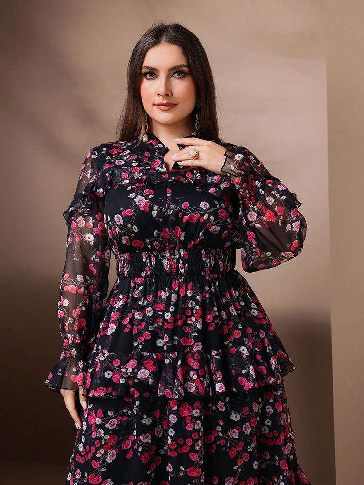 TOLEEN-Vestido de manga acampanada de malla con estampado Floral elegante para mujer, vestidos largos de fiesta informales con cuello en V,