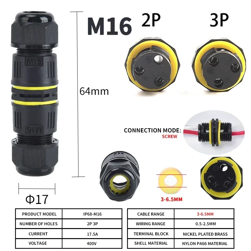 IP68 waterdichte aansluitdoos voor buiten, elektrische kabelconnector, eenvoudig te installeren, M16 M20 M25 voor Ø3,5-14 mm draadbereik 2-weg
