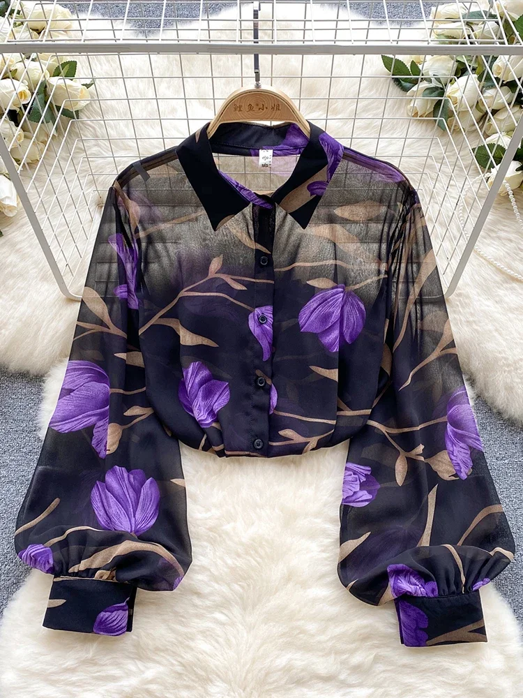 Women Spring Shirt Korean Version Temperament High-end Floral Shirt with Bubble Sleeve Design Niche and Unique Top D5053