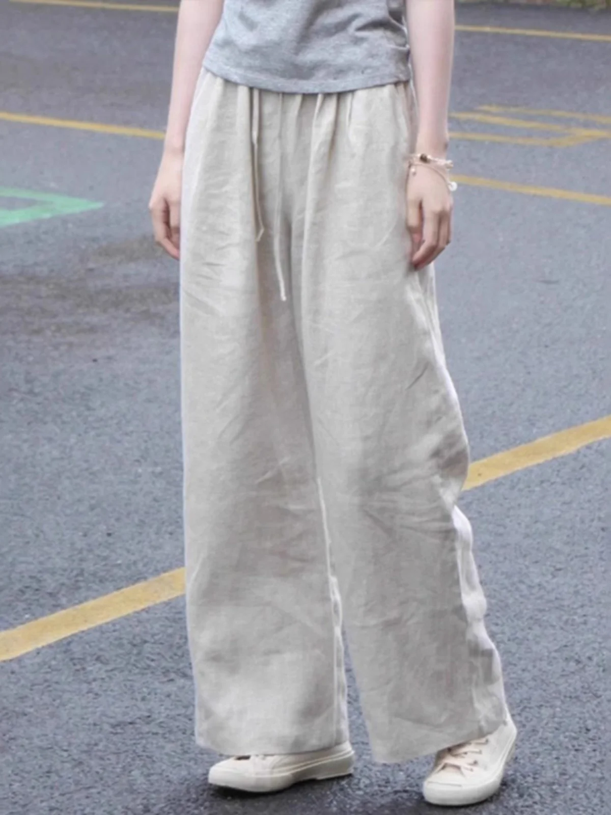 فضفاض القطن الكتان واسعة الساق تسع نقاط السراويل مستقيم قطع السراويل الطويلة للنساء Sli Agel الكورية Sle تخفيف الرياح