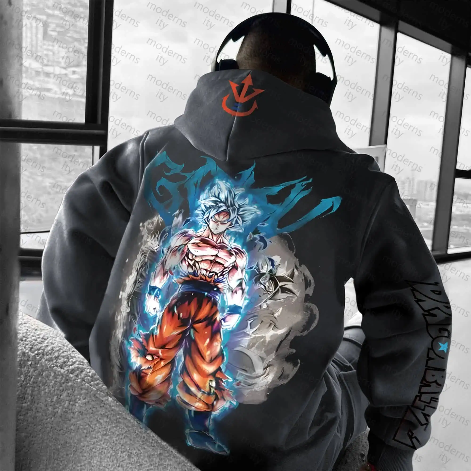 

Dragon Ball Super Goku Grey Hoodie Men Women Anime Character Print Pullover with Orange Logo and Wu Chest Design Casual