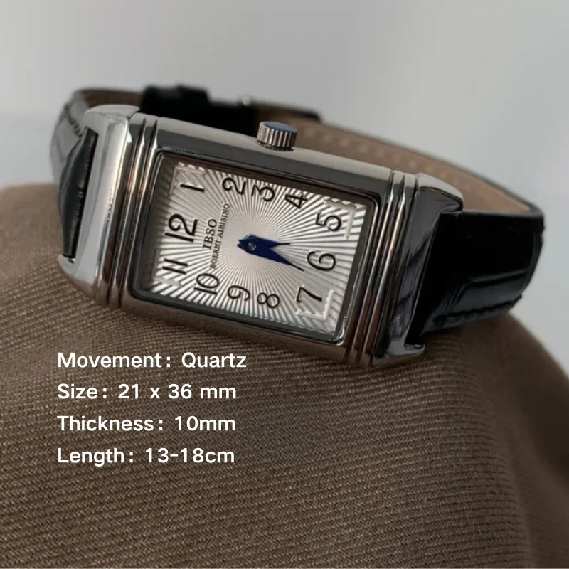 ساعة كوارتز نسائية مربعة كلاسيكية جديدة مع علبة قابلة للعكس وحزام جلدي ساعة فضية فريدة من نوعها 21*36 مللي متر