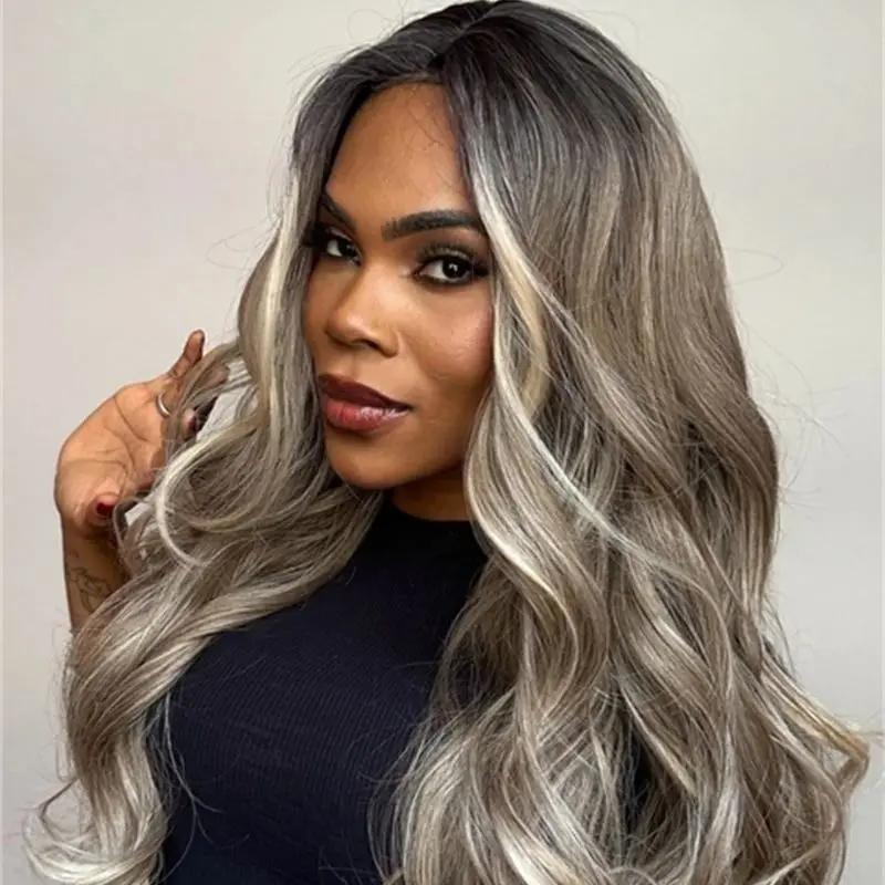 

HD Transparent Lace Ombre Ash Grey Blonde Highlights Synthetic Lace Front Wig Mixed Human Hair Wig Ready to Wear Glueless Wigs