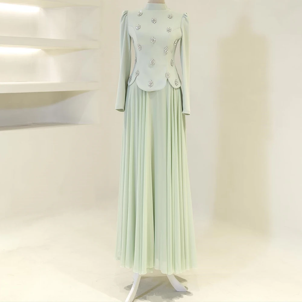 

Customized A-line Evening Dresses Floor-length High-neck Full Sleeve Prom Gown Fashion Crystal Simple Draped Casual Party Gown