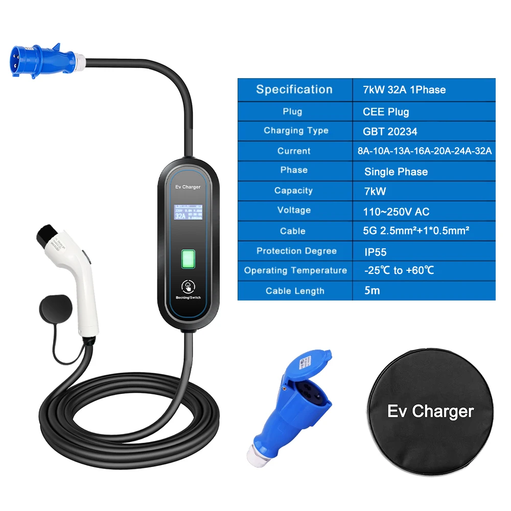 Teschev 110V 230V EVSE Wallbox J1772 Type 1 Adapter 32A 7KW EV Charger Type 2 Fast Charge Charging Station for Electric Car