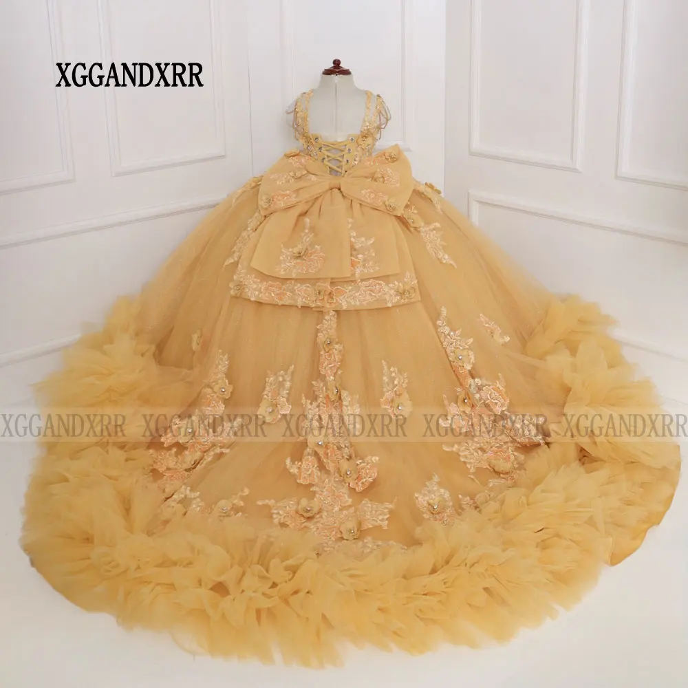 Real Gold Yellow Flower Girl Dress 2026 Wedding Party Gown Mini Princess Quinceanera Birthday Party Formal Daughter Sister Dress