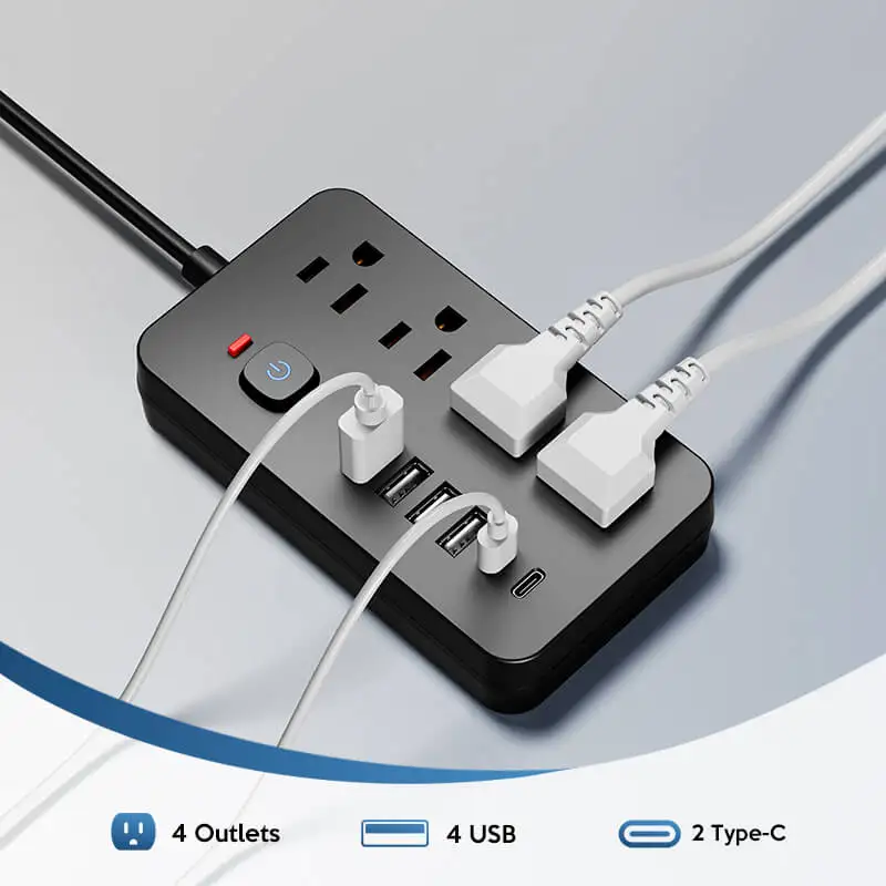 Versatile 10-in-1Power Hub with Surge Protection - Includes 4 AC Outlets, 4 USB Ports &2 Type-C