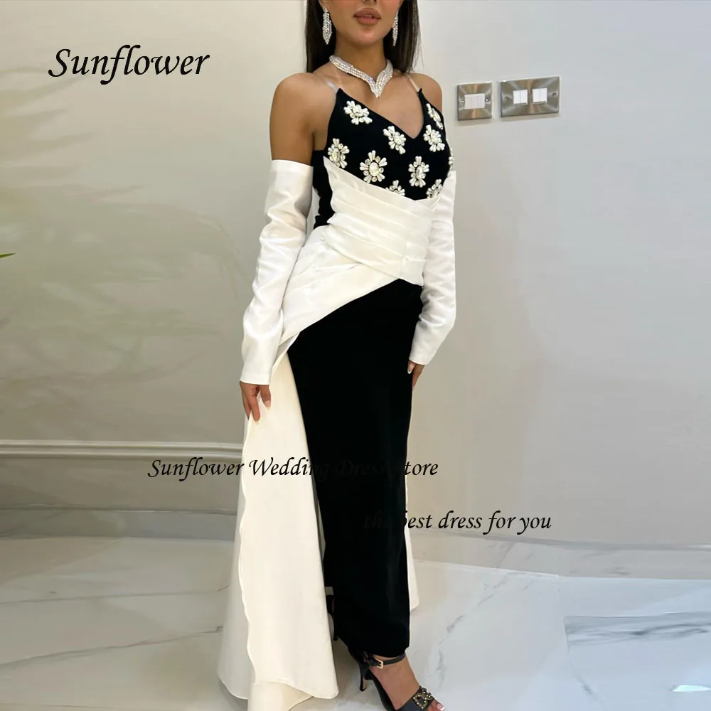 Sunflower Simple Black White V-Neck Beading Mermaid 2024 Slim Satin Ocassion Gown Ankle-Length Formal Evening Dress Party Dress