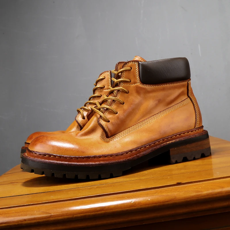 High End Handmade Genuine Leather Washed Retro High Top Men's Shoes Motorcycle Workwear Versatile