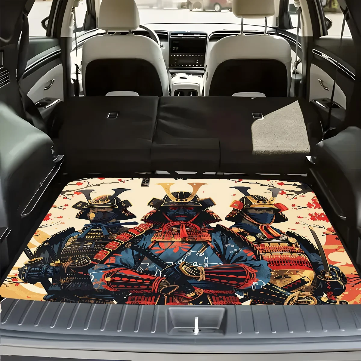1Pc Japanese Samurai Group Print Car Trunk Mat - Polyester Fiber, Protects and Decorates the Car Interior, Ideal Gift for Friends and Family, Gift | Fashionable Car Accessories | Durable Cargo Padding, Internal Accessories