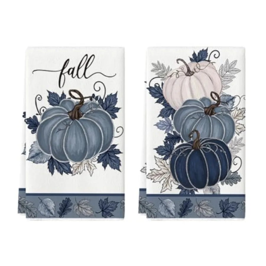 

Blue Leaves Pumpkin Fall Kitchen Towels Dish Towels 18x26 Inch Farmhouse Autumn Decoration Hand Towels Set of 2