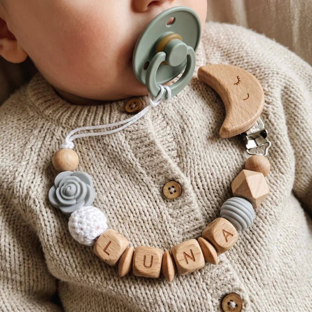 Custom Name Pacifier Clip Moon Wooden Clip Gray Flower Silicone Beads Baby Dummy Chain Soother Holder Newborn Gift
