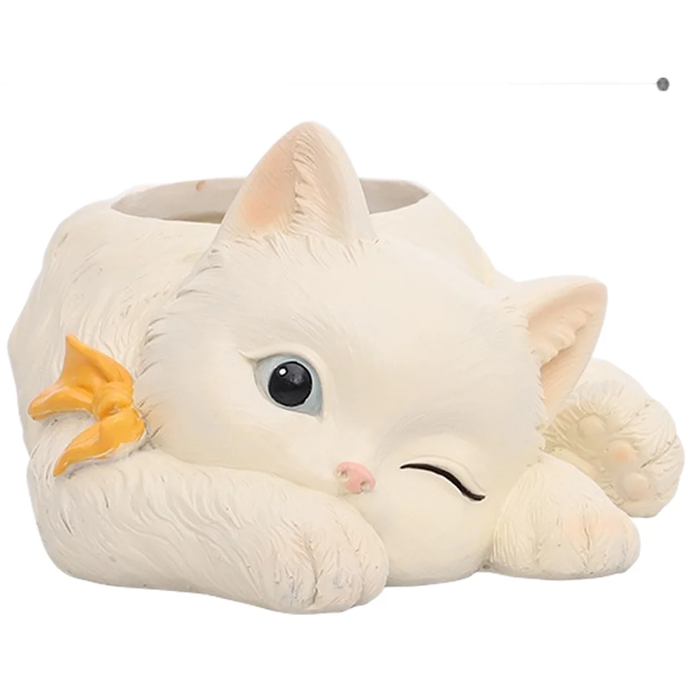 Resin Cat Figure for Indoor Plants with Realistic Resting Pose Suitable for Desktop Decor and Contemporary Home Styling