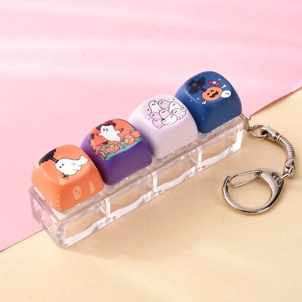 Plastic Keyboard Fidget Keychain Light Up Halloween Theme Pressable Key Keyring Attachment Cartoon Pattern Bag Accessories