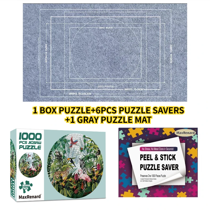 1000Pcs round Jigsaw Puzzle Set with Puzzle Mat 6 Sheets 29.67 Inch Diameter Gray Puzzle Mat 116x66 Cm