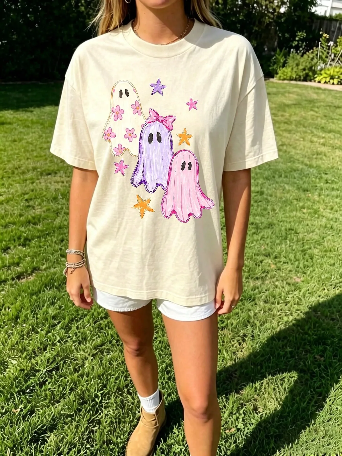 Women's T-shirt Crew Neck Short Sleeve White Cute Colorful Ghost Boo Print Loose Halloween Casual Preppy-Style Tops