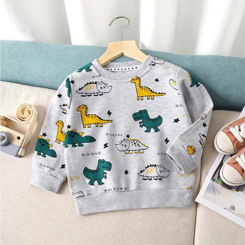 2-9Y Kids Boys Sweatshirt Cartoon Dinosaur Cotton Long Sleeve T-Shirt Spring Autumn Happy Moon Pullover Girls Top Casual Clothes