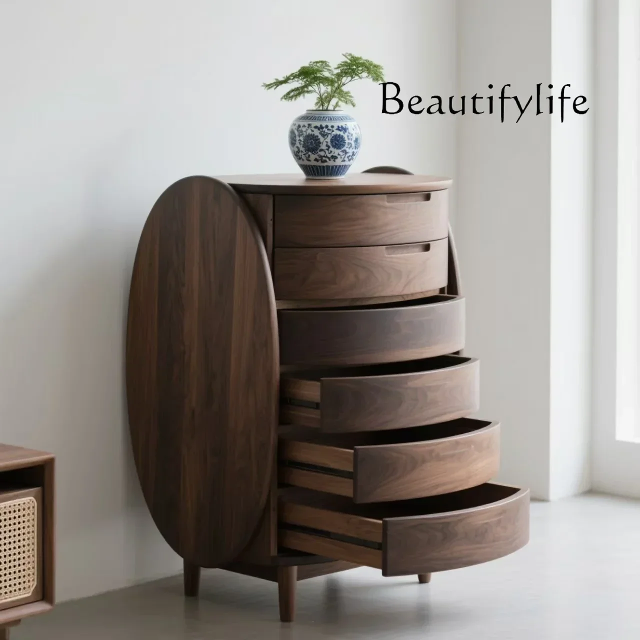 

J XS Italian Minimalist North American Black Walnut Chest Cabinet Solid Wood Drawer Cabinet Living Room Art Storage Oval Cabinet