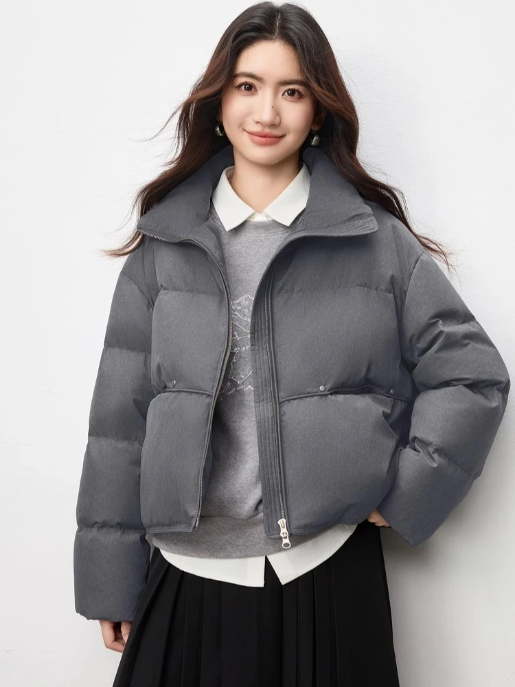 

SENTUBILA Women's Down Jacket 2025 Winter Stand Collar Short Down Coats Double-Zipper Pockets Outerwear Female Clothes W54YC2653