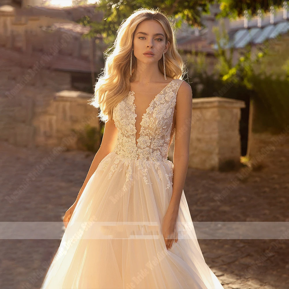 Eleganti abiti da donna da sposa a-line Sexy scollo a v profondo senza maniche abiti da sposa principessa splendido pallone da spiaggia Vestidos De Novia 2024