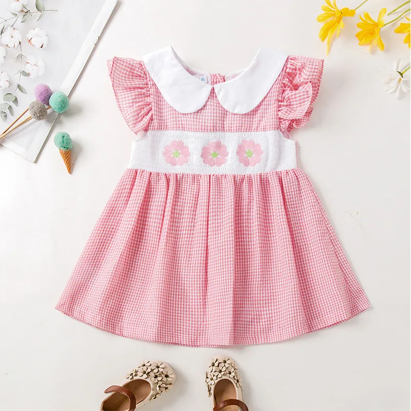 

Baby Girls Plaid Dresses With Chick Embroidery & Smocking Toddler Girl Cotton Dress Children Summer Party Dress1-5Y