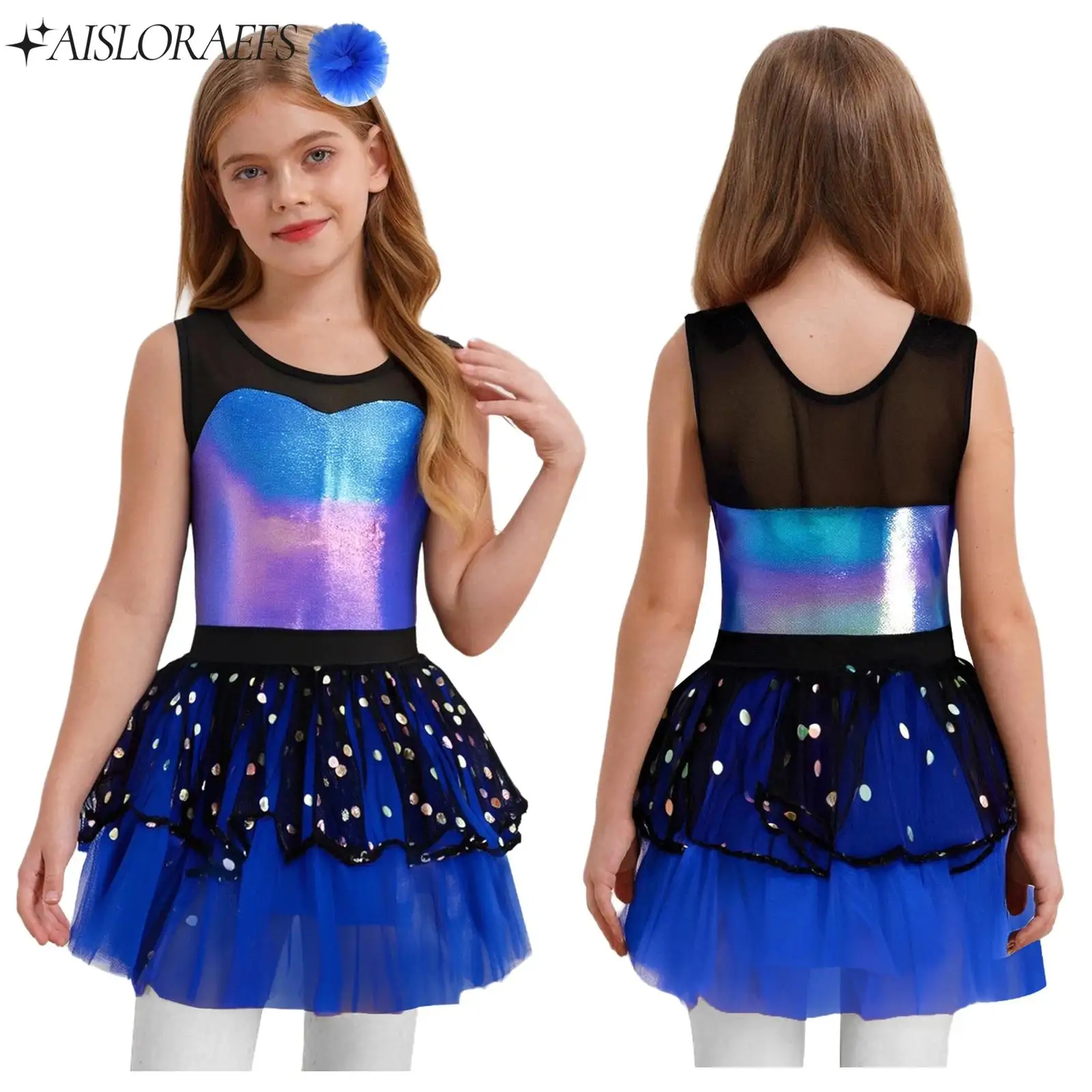 Vestido tutú de Ballet con corpiño metálico de malla transparente sin mangas para niña y niño con tocado para fiesta de baile puesta en escena