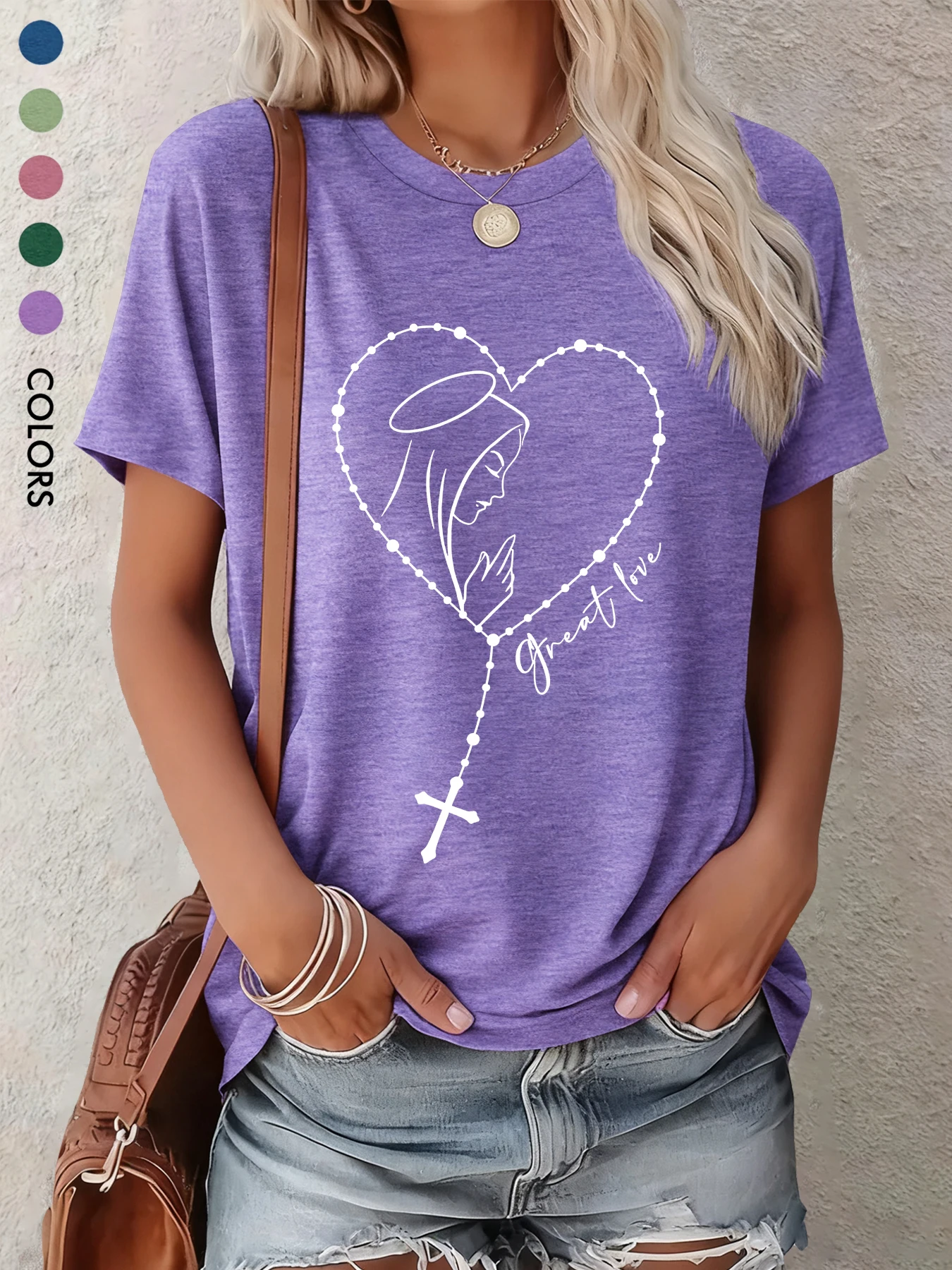 

Women's Summer Short-Sleeved T-Shirt Spring/Summer 2026 New Arrival Heart-Shaped Rosary Virgin Mary Great Love Religious Faith