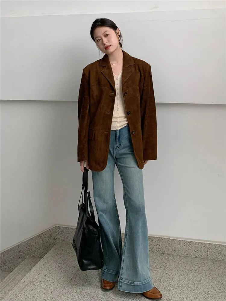 

American Retro Blue Bell Bottom Jeans Women's Slim Fit Elastic High Waist Winter Long Floor Length Pants Deep Color