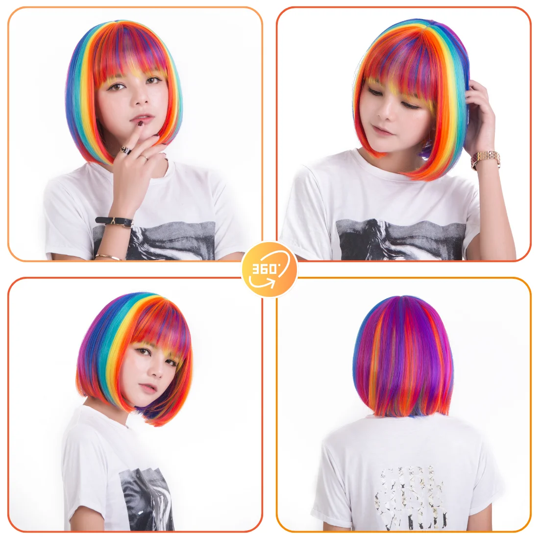 Multicolor Rainbow Wig Short Bob Wig With Bangs Curly Wavy Synthetic Cosplay Wig For Women Girls