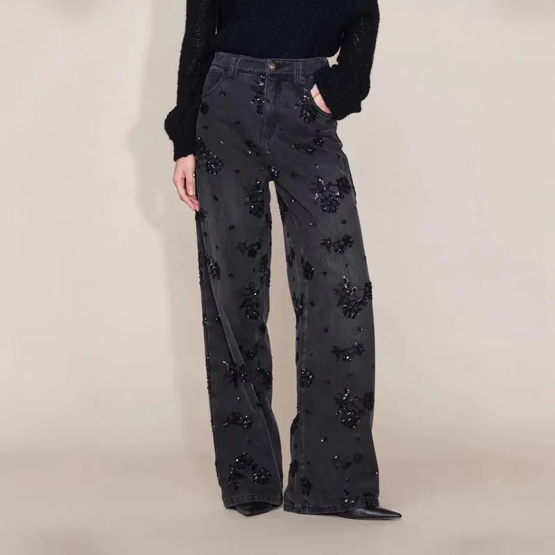 

BKQU Fashion Black Rose Rhinestone Loose Jeans Women American Retro Street High Waist Straight Wide Leg Denim Pants 2026 New