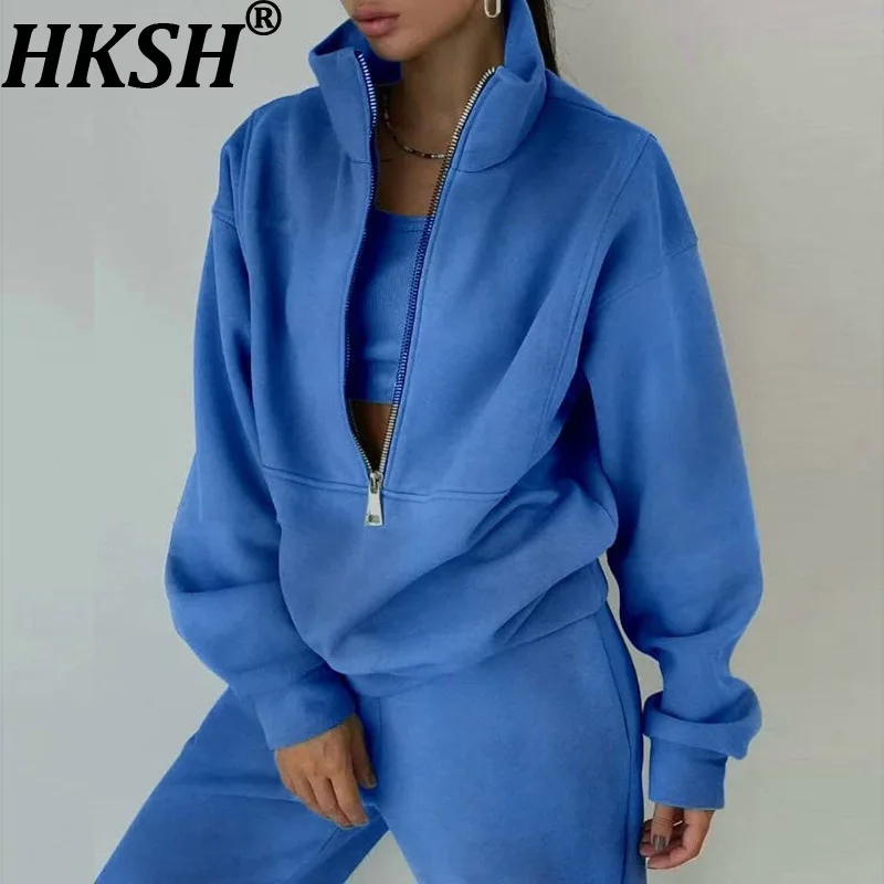 

HKSH осень-зима новый женский комплект из двух предметов с воротником-стойкой и полумолнией, однотонный свитшот, брюки с эластичной резинкой на талии, повседневные HK15956