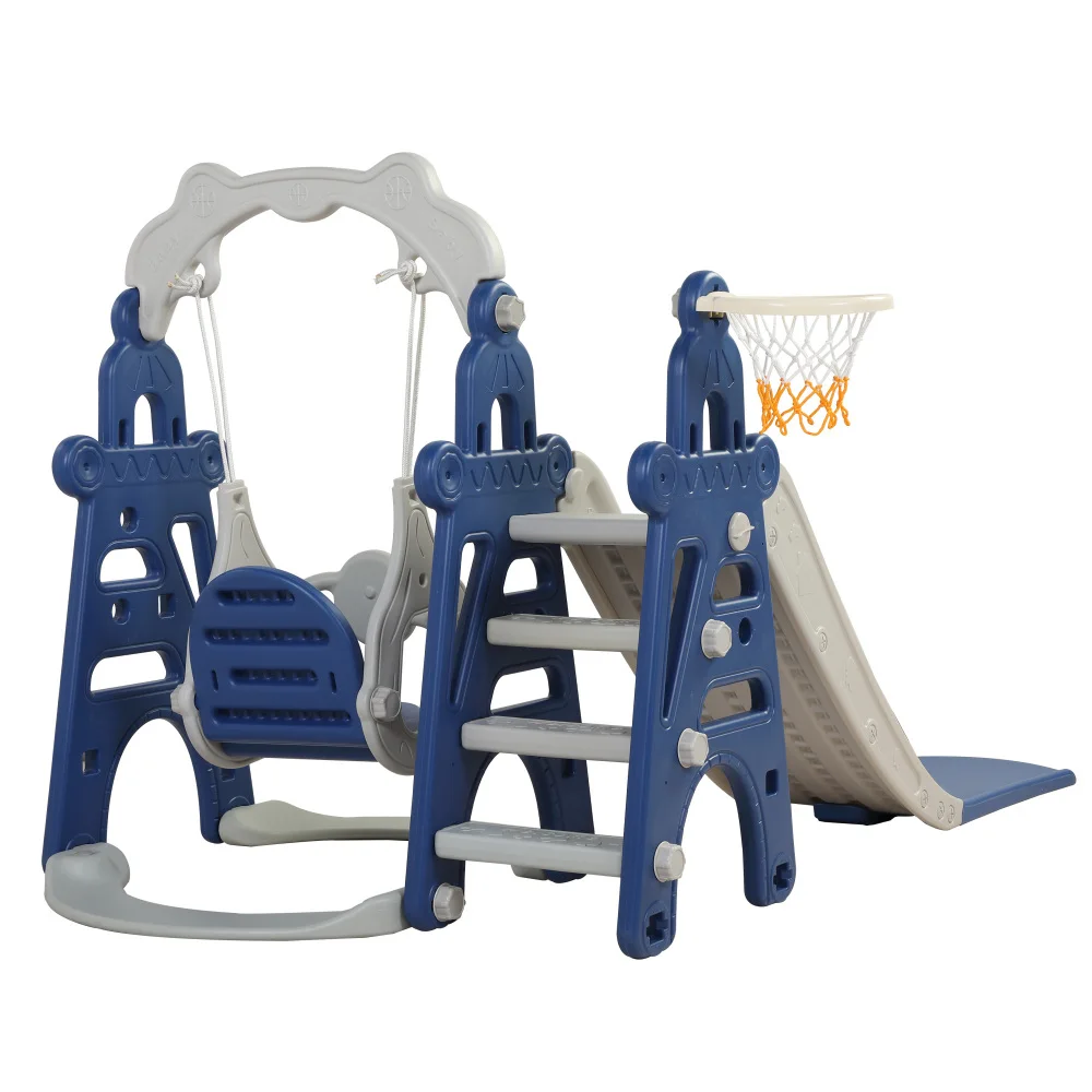 Kids Swing and Slide Set 3-in-1 Slide with Basketball Hoop for Indoor and Outdoor Activity Center, Pink+Gray