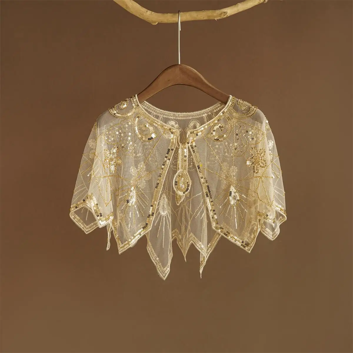 1920er Jahre Transparenter Spitzen-Flapper-Schal Eleganter Vintage Glitzernder Perlen-Pailletten-Umhang Boho Abendkleid Damen-Oberbekleidung Schal – Detail 3