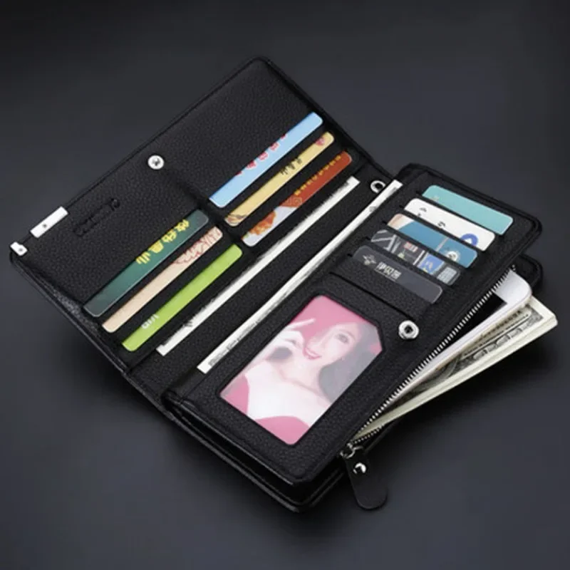 محفظة جلدية طويلة للرجال ، محفظة موقف بطاقة متعددة ، مخلب مشبك المال ، حقيبة الهاتف الخليوي التجارية ، مقبض