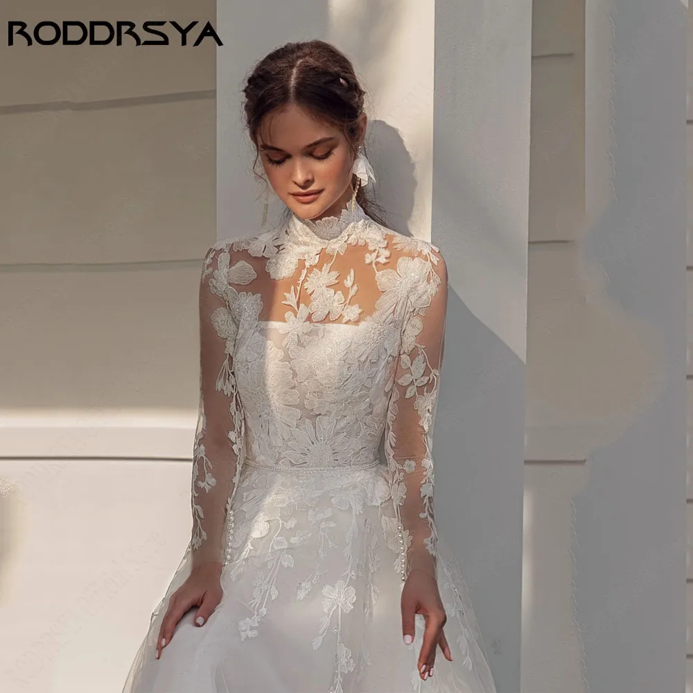 RODDRSYA Exquisite Wedding Dress Long Sleeves High Neck Detachable Train A-Line Tulle Applique Bridal Gown vestido de noiva